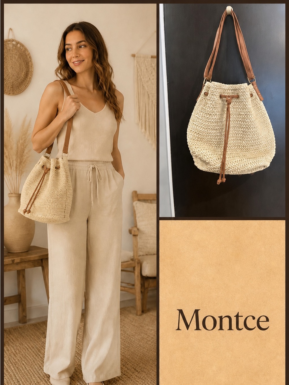 Montce Swim "Ali" Woven Straw Bucket Bag